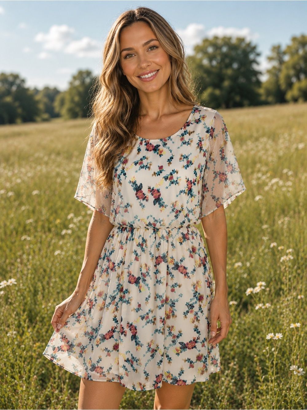 LUSH Multi Floral Backless Chiffon Dress Faux Wrap Back Ivory Cream Size S